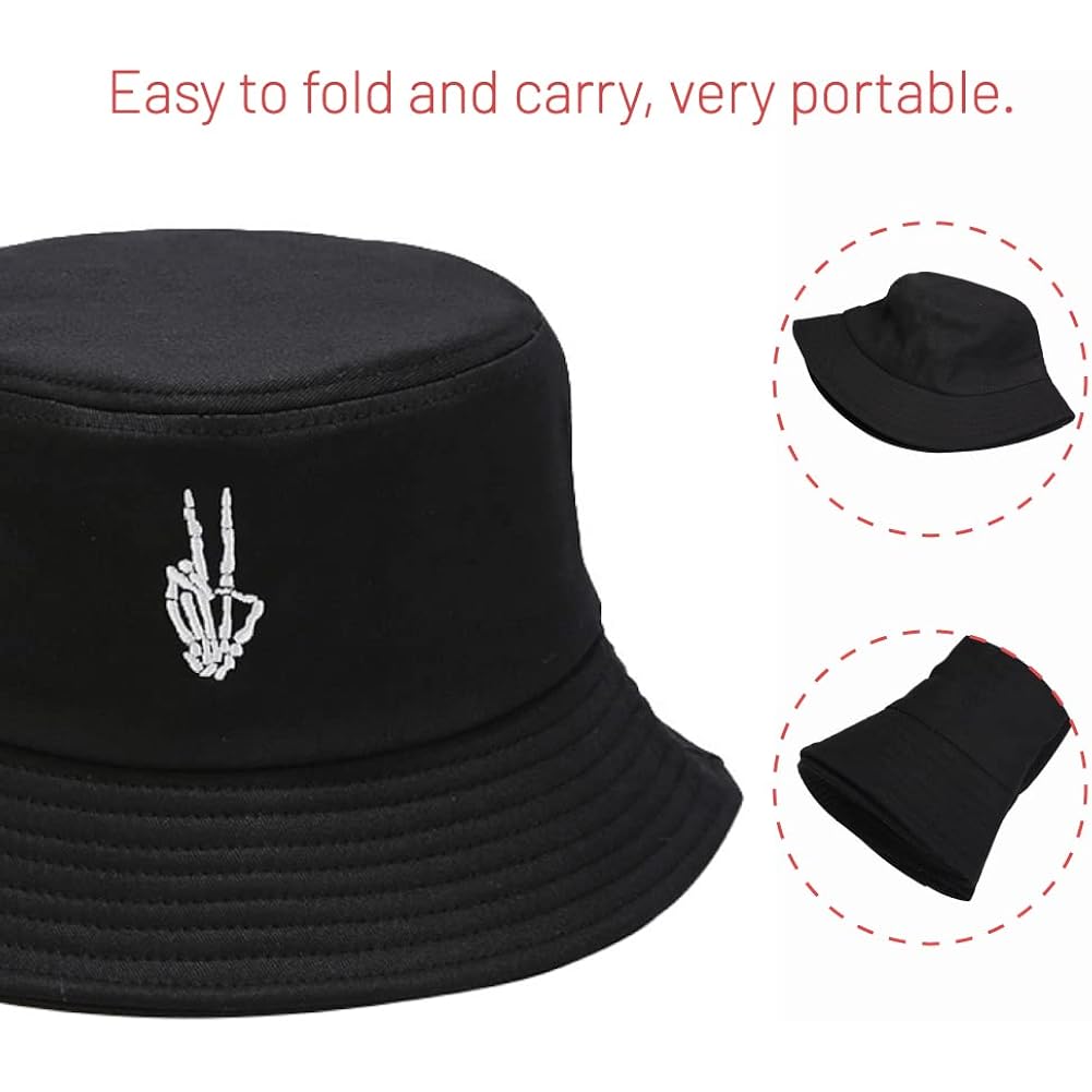 Cotton Bucket Hat for Women Men Summer Travel Sun Beach Bucket Cap, Unisex Outdoor Fisherman Hat Skeleton Fingers Black