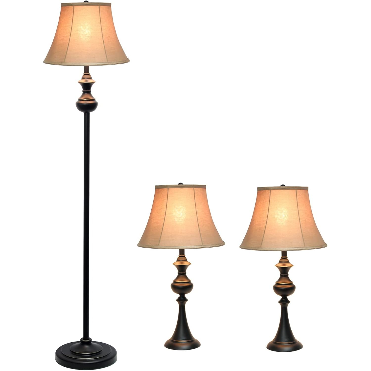 Elegant Designs Lc1019-Rbz Traditionally Crafted 3 Pack Lamp Set (2 Table Lamps, 1 Floor Lamp) With Tan Fabric Shades, Restoration Bronze