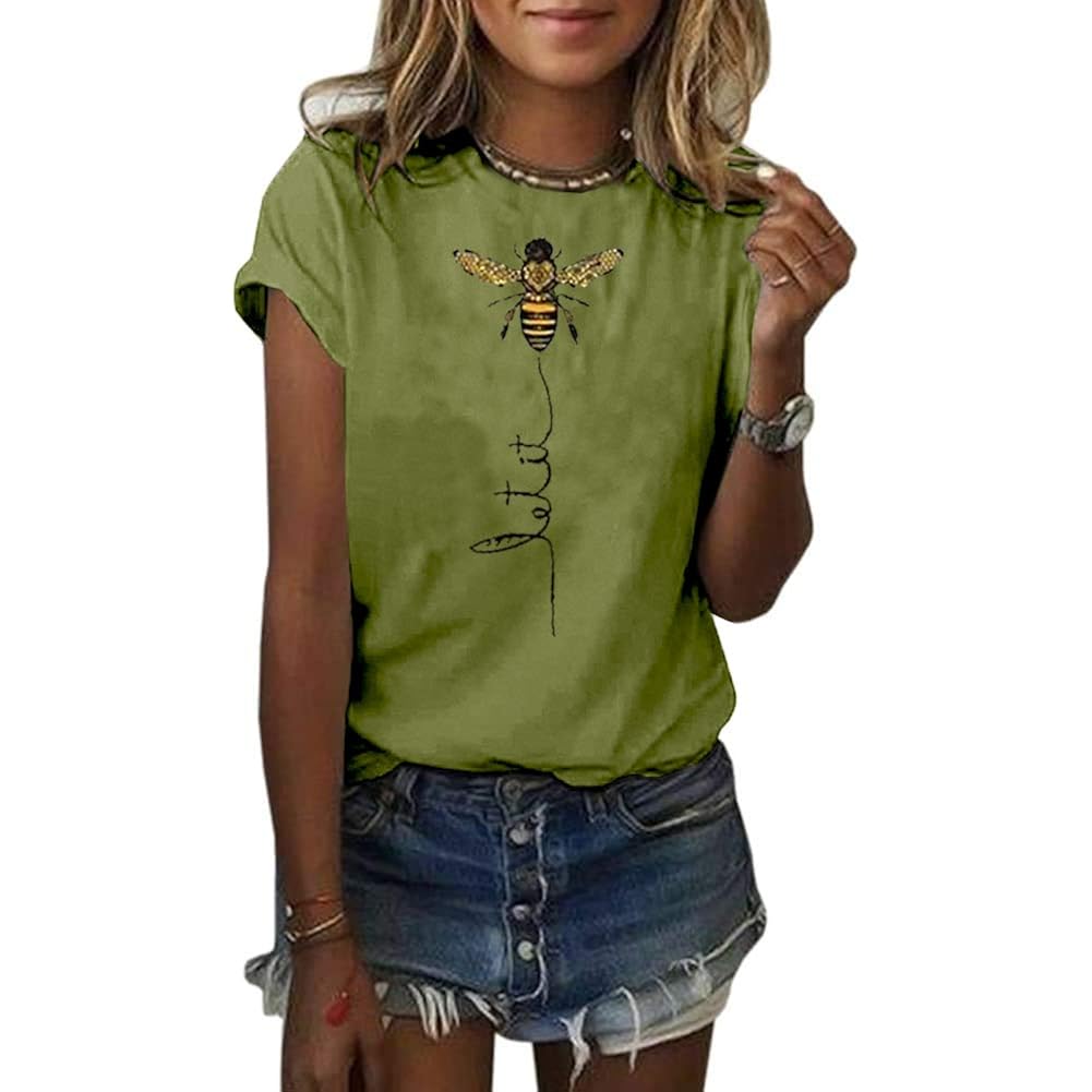 Womens Cute Bee Graphic Tee Shirts Short Sleeve Let It Bee Funny Letter Print Summer T-Shirt Tops