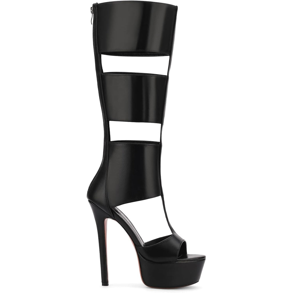 Fancyqueen Platform Knee High Sandals For Women, Gladiator Open Toe Summer Booties Black Heels Sandal Boots, Sexy Style Casual For Party