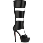 Fancyqueen Platform Knee High Sandals For Women, Gladiator Open Toe Summer Booties Black Heels Sandal Boots, Sexy Style Casual For Party