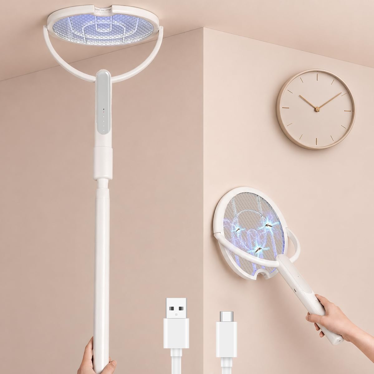 Rotating Head Electric Fly Swatter Racket, Bug Zapper Indoor With Long Telescopic Extension 4000V Usb Rechargeable Mosquito Zapper Killer With Charging Base, 3 Modes Automatic & Manual (White)