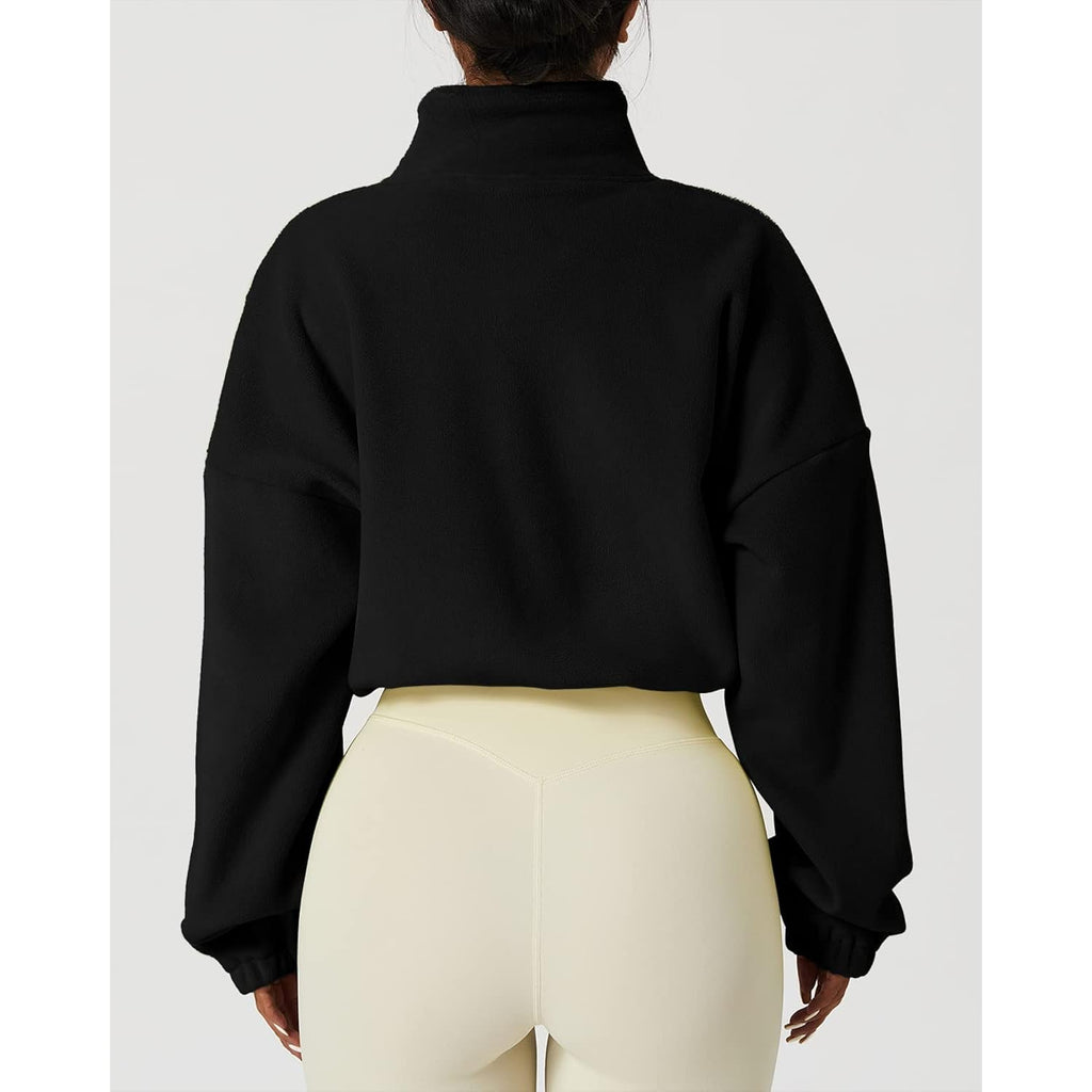 Qinsen Women'S Full Zip Fleece Short Jacket Warm Winter Long Sleeve Stand Collar Sherpa Crop Coat