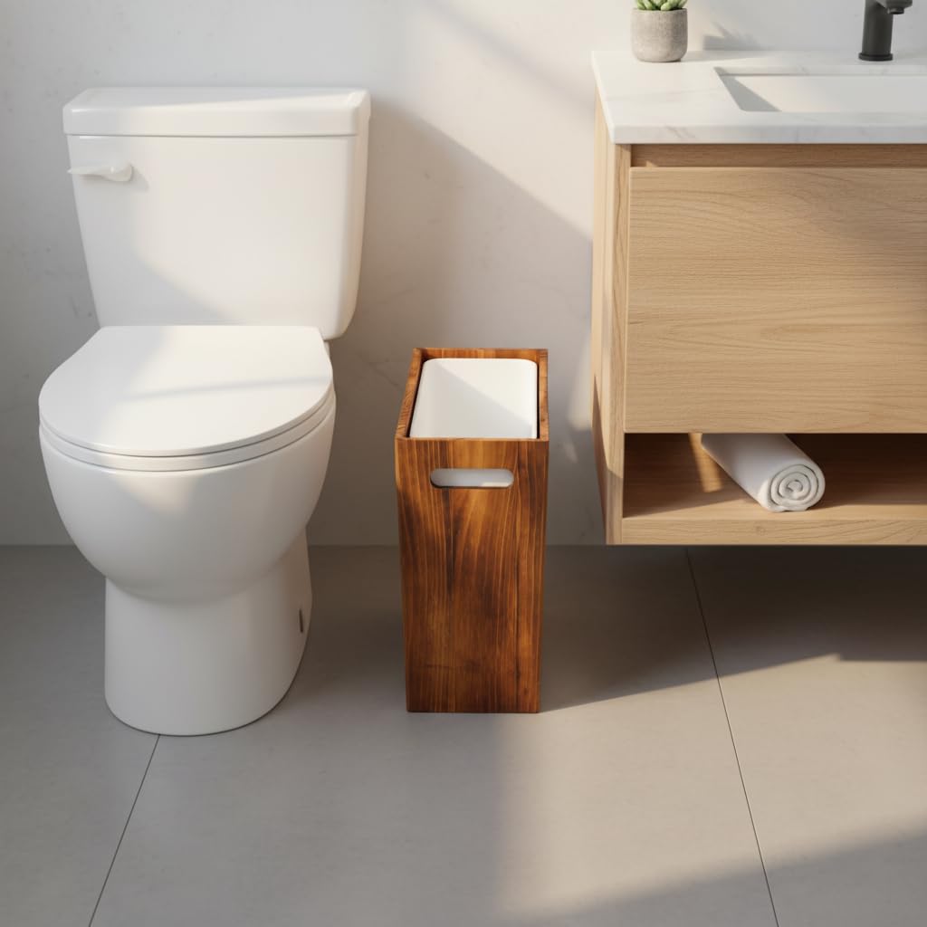 3 Gallon Wooden Trash Can With Liner,Small Solid Wood Bathroom Trash Can,Narrow Garbage Can,Decorative Waste Basket For Bathroom,Bedroom,Office