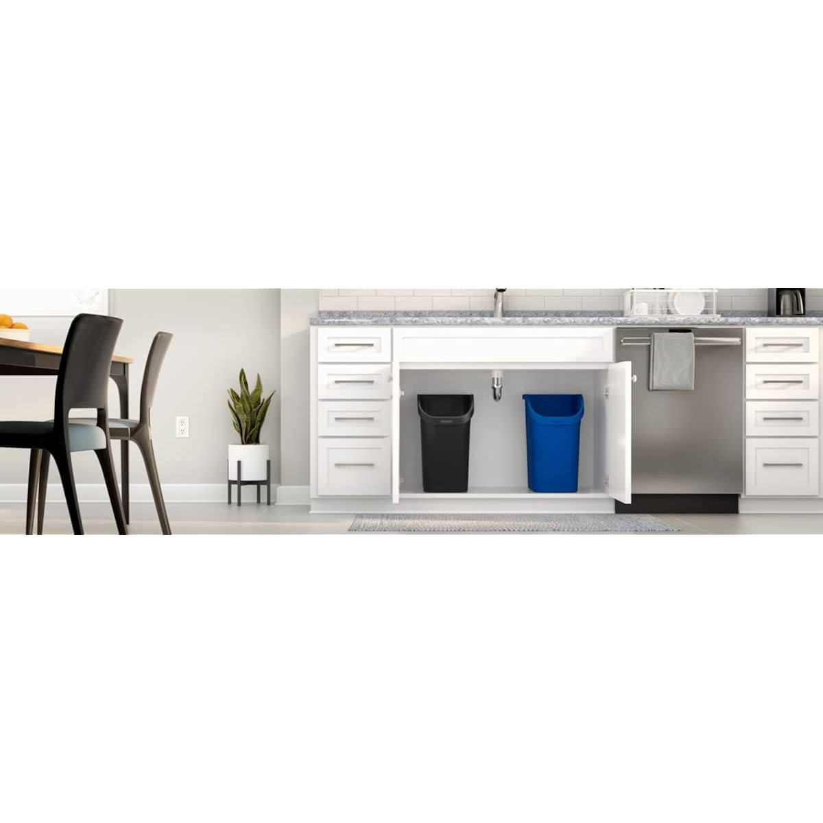 Rubbermaid Undercounter Small Trash Can, 2 Pack Blue And Black For Recycling/Waste, 9.4-Gallon, Fits Under Sink/Desk/Cabinet For Use In Kitchen/Bathroom/Office