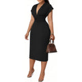 Women'S Bodycon Midi Dress Deep V-Neck Cap Sleeve Ruched High Waist Stretchy Dresses For Date Nights, Parties & Work