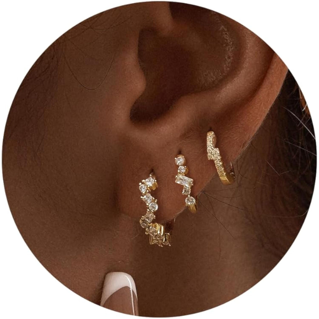 CZ Huggie Earrings for Women, Dainty Gold Earring Stacks 14K Gold Plated Small Huggie Hoop Earrings for Women Trendy Hypoallergenic Cute Unique Gold Earrings Set Fashion Gold Womens Jewelry