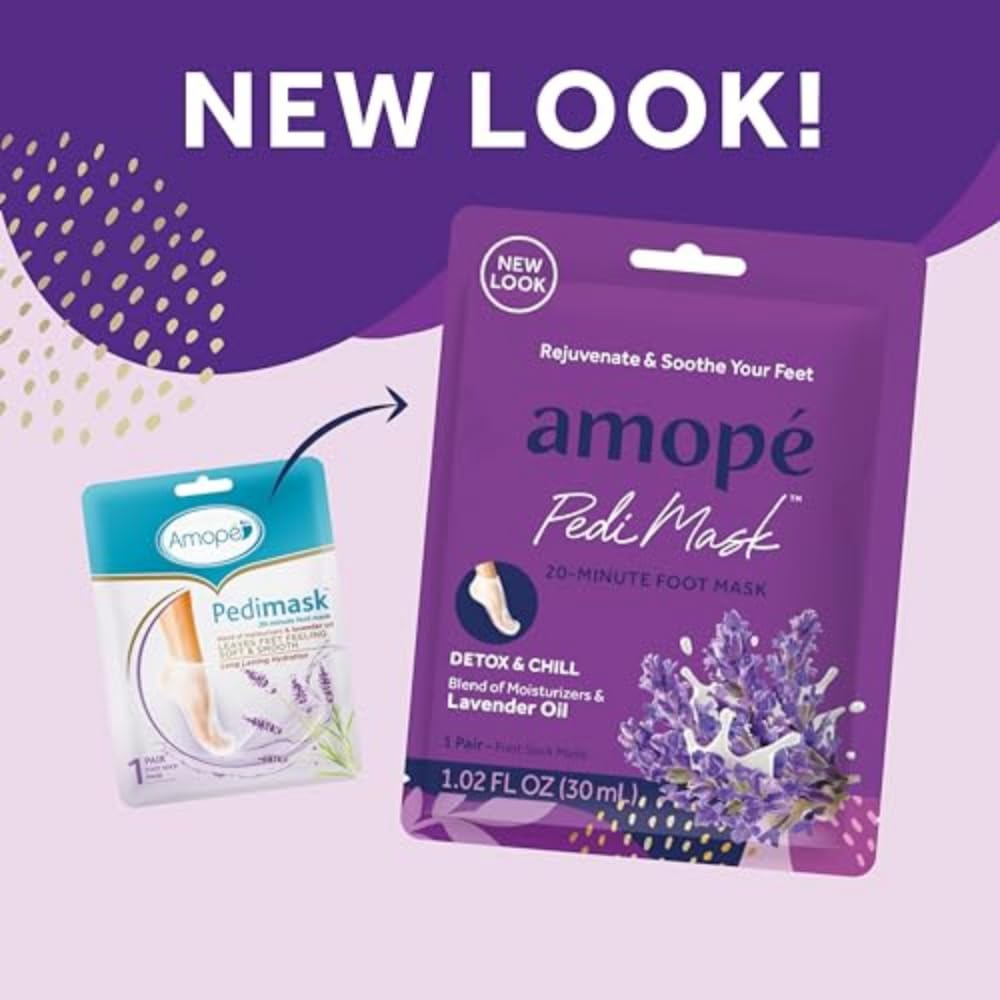 Amopé PediMask 20-Minute Foot Mask, Intensely Moisturizing Socks, Rejuvenates & Soothes, Self-Care, w/ Lavender Oil, Urea, a Blend of Moisturizers & Vitamin Complex for Long Lasting Hydration, 3 pair