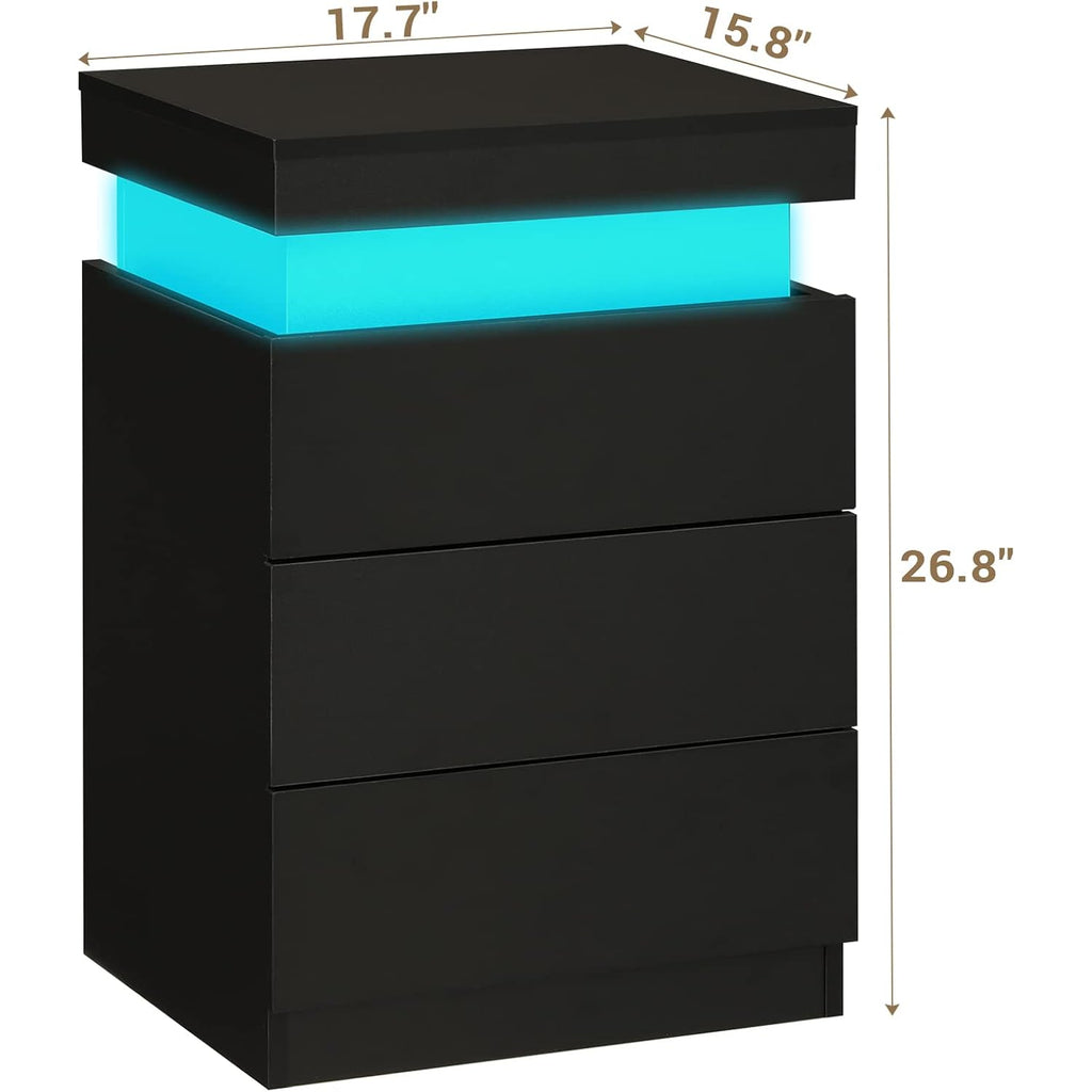 Adorneve Black Nightstand With Charging Station And Led Lights | Modern Night Stand With Sliding Top,Bedside Table With Drawers,Bed Side Tables Bedroom