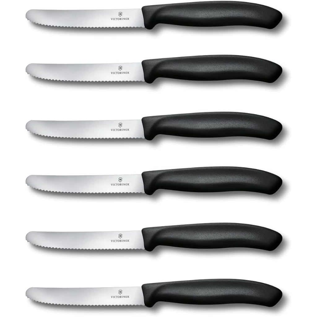 Victorinox Swiss Classic Tomato and Table Knife Set for Everyday Family Dining Serrated Blade in Black, Set of 6