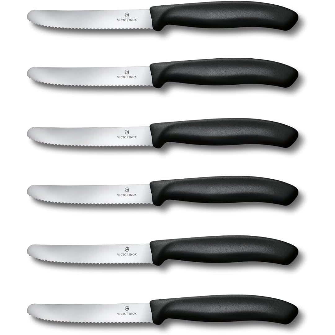 Victorinox Swiss Classic Tomato and Table Knife Set for Everyday Family Dining Serrated Blade in Black, Set of 6