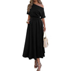 Mieazom Elegant One Shoulder Maxi Dresses For Women Summer Casual Loose Empire Waist Pleated Formal Long Dress With Pockets