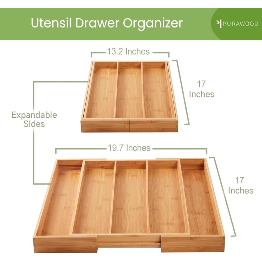 Purawood Kitchen Drawer Organizer - Expandable Utensil Drawer Organizer For Kitchen, Cutlery Tray & Silverware Organizer, 3-5 Slots - Bamboo Organizer For Utensils & Flatware (Natural)
