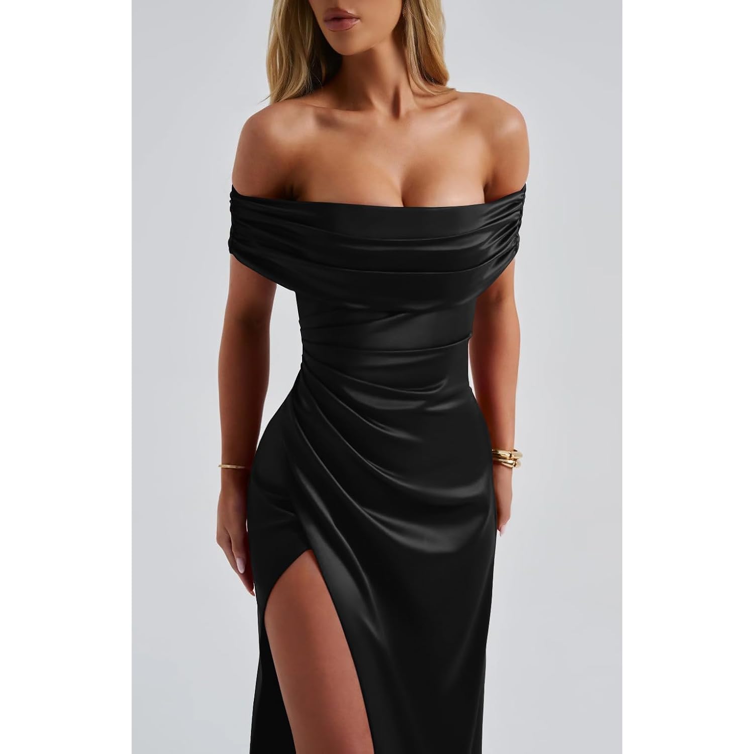 Memoriesea Women'S Elegant Off Shoulder High Split Bodycon Evening Wedding Maxi Dress