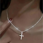Yalice 925 Sterling Silver Sparkly Necklace Layered Dainty Chain Necklace Silver Cross Pendant Paperclip Necklaces Waterproof Minimalist Jewelry Gifts