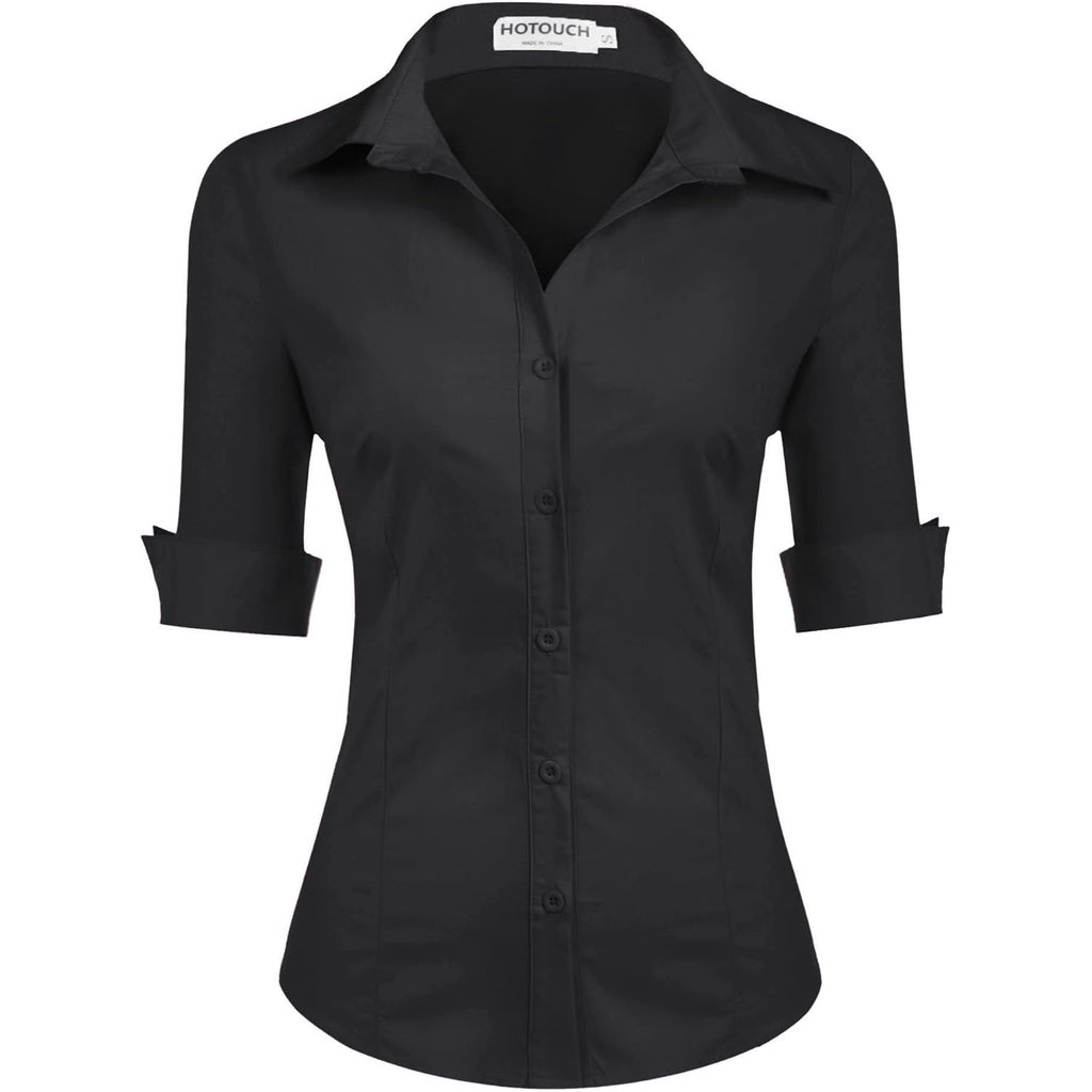 Womens 3/4 Sleeve Button Down Shirt Slim Fit Work Blouses Cotton Dress Shirts Office Tops