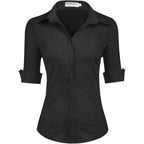 Womens 3/4 Sleeve Button Down Shirt Slim Fit Work Blouses Cotton Dress Shirts Office Tops