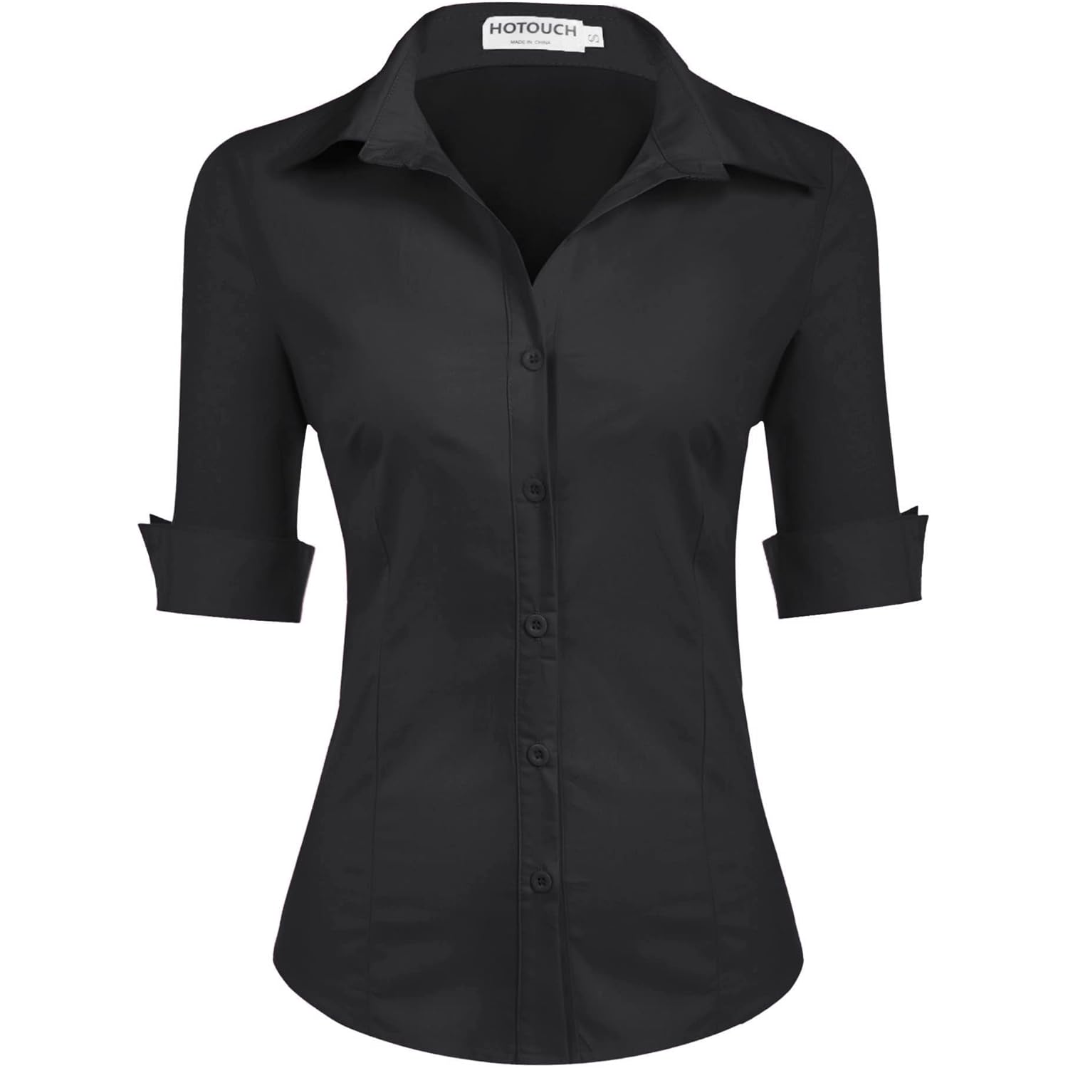 Womens 3/4 Sleeve Button Down Shirt Slim Fit Work Blouses Cotton Dress Shirts Office Tops