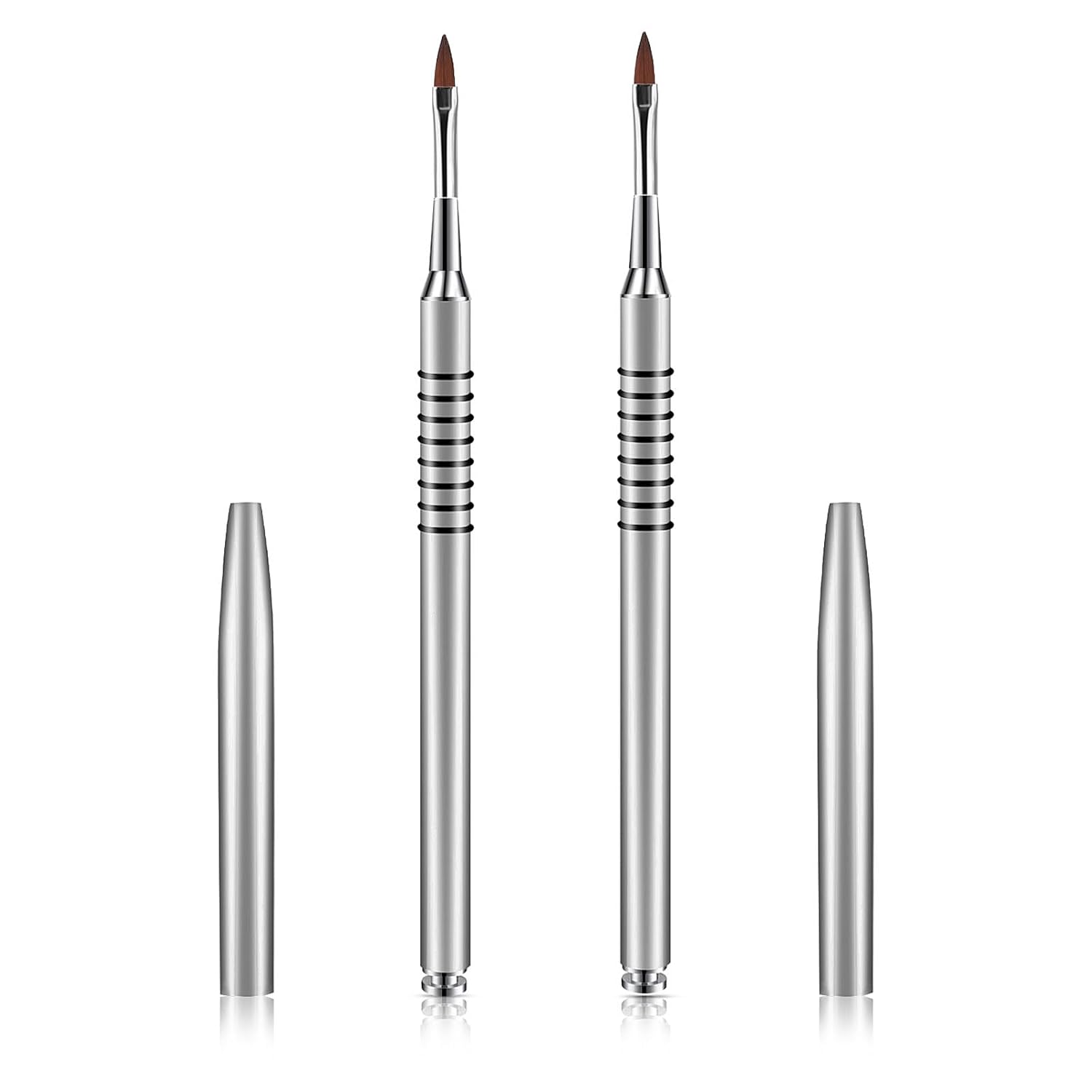 Hariendny 2 Pack 3D Nail Art Brush for Acrylic, Kolinsky Acrylic Nail Brushes Set, Nail Lining Brush Nail Salon Painting Brush Pen with Non-Slip Handle, Silver Metal Nail Art Pen (Size #2)