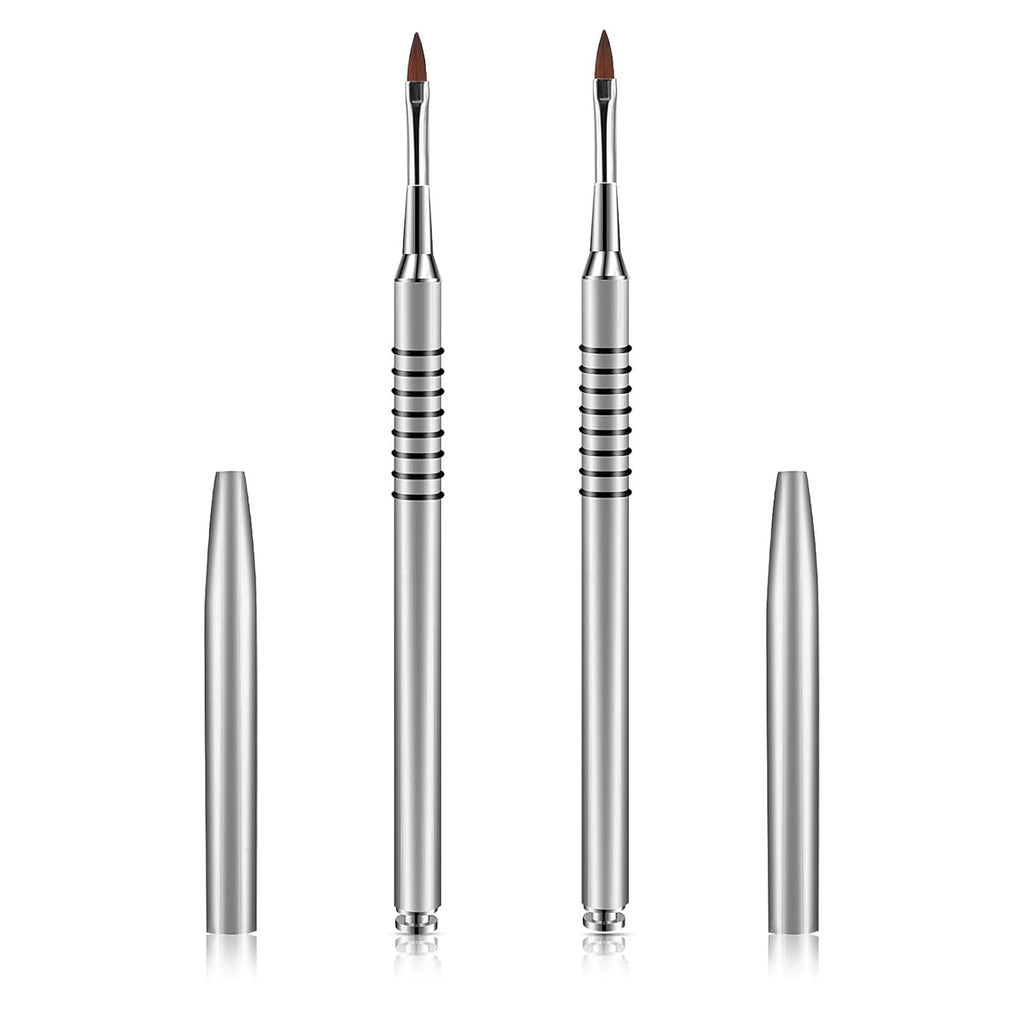 Hariendny 2 Pack 3D Nail Art Brush for Acrylic, Kolinsky Acrylic Nail Brushes Set, Nail Lining Brush Nail Salon Painting Brush Pen with Non-Slip Handle, Silver Metal Nail Art Pen (Size #2)