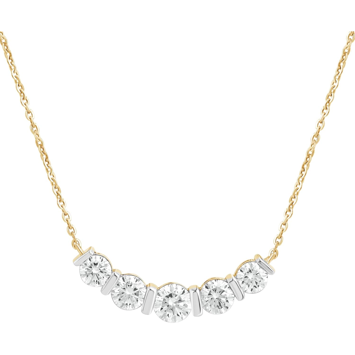 DEWBERRY 1.95 Ct Round Cut Lab Grown Diamond Bar Set Women's Five Stone Bar Pendant With 18" Chain Necklace Solid 14K Yellow Gold (F-G Color, VVS-VS Clarity)
