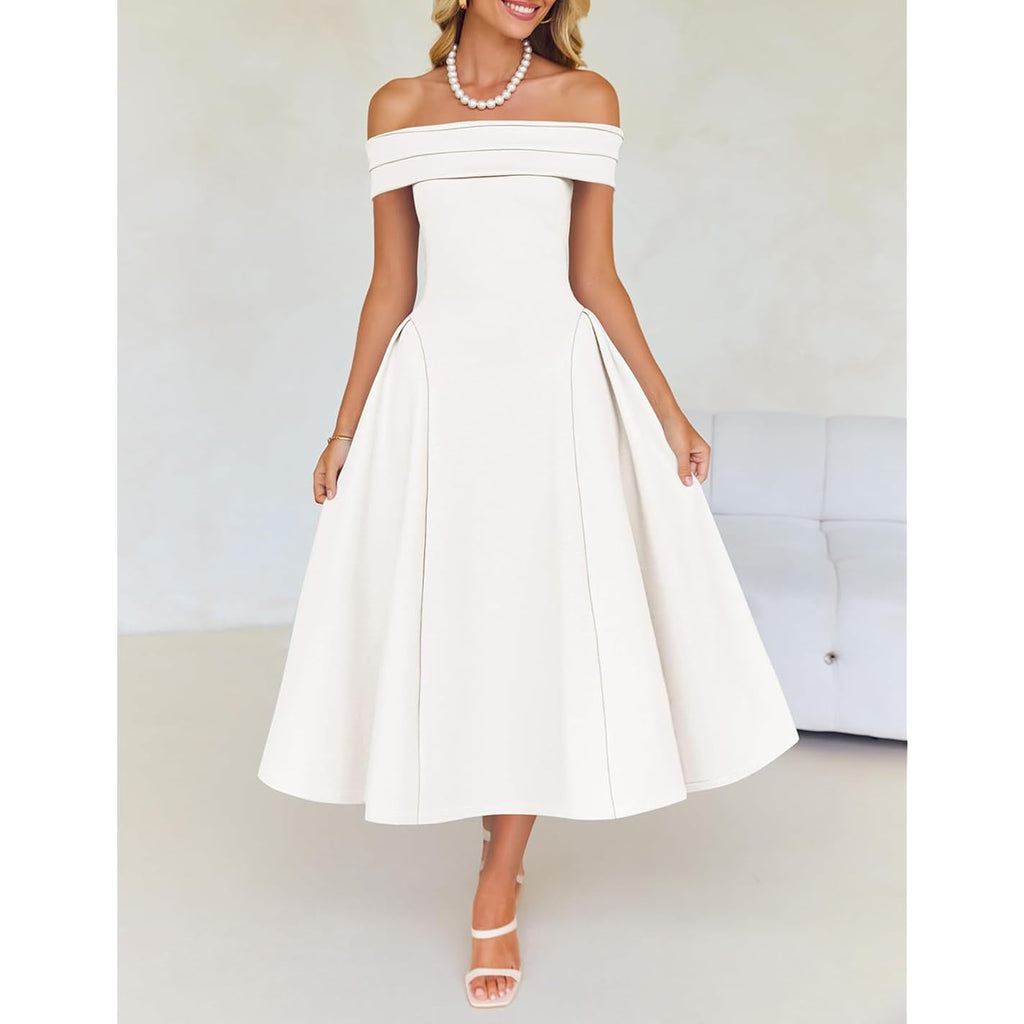 Zesica Summer 2026 Cocktail Dresses For Women'S Off Shoulder Short Sleeve Swing A Line Wedding Evening Party Midi Dress