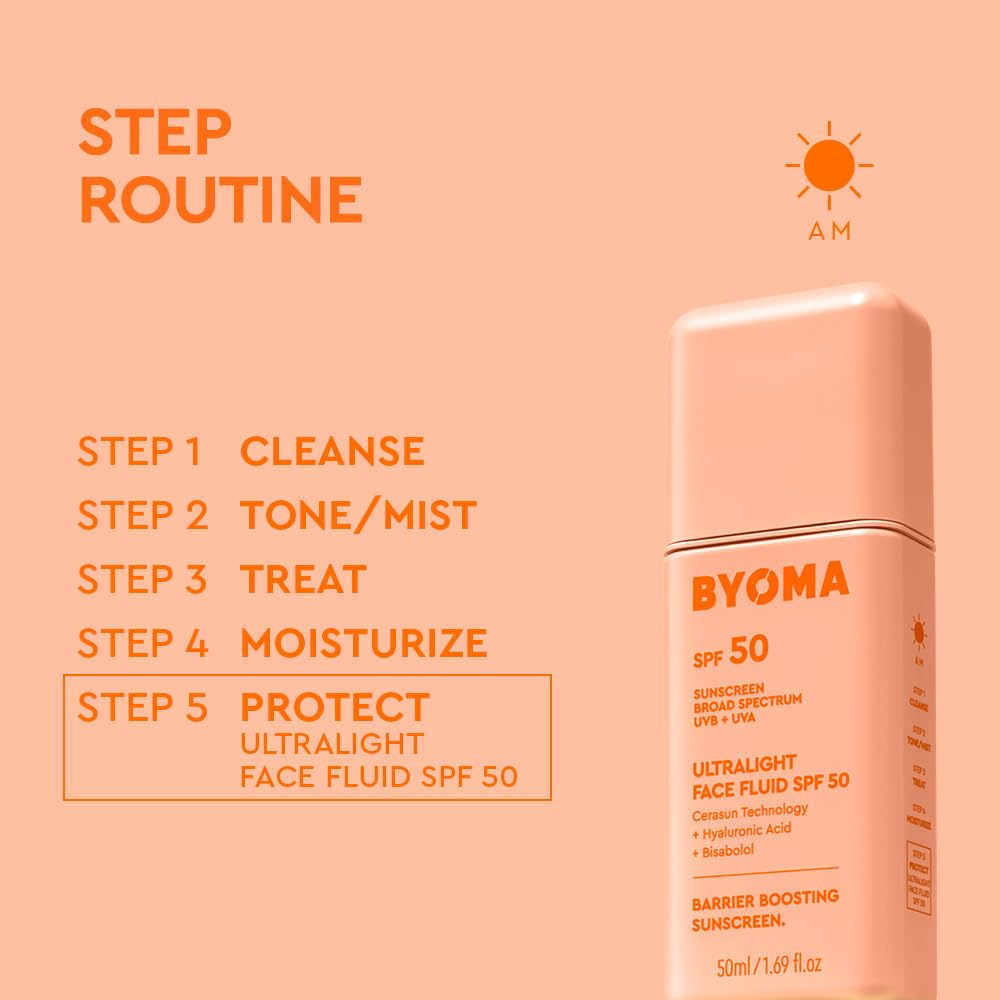 Byoma Spf 50 Face Fluid - Ultra-Lightweight Facial Sunscreen For All Skin Tones - Luminous Glow, No White Cast - Spf Moisturizer Strengthens Skin Barrier - 1.69 Fl.Oz