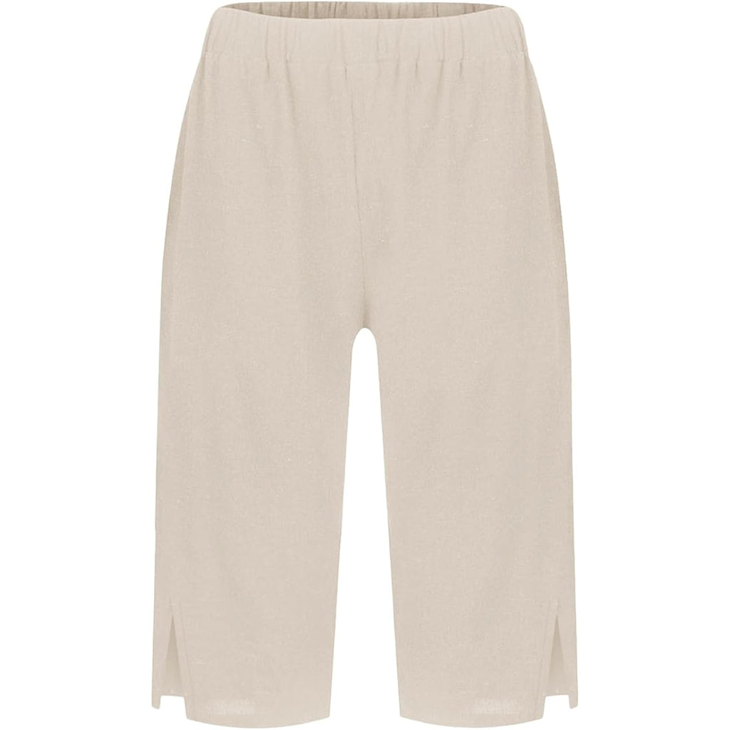 Linen Bermuda Shorts for Women Knee Length Elastic Waisted Summer Casual Side Split Beach Shorts with Pockets