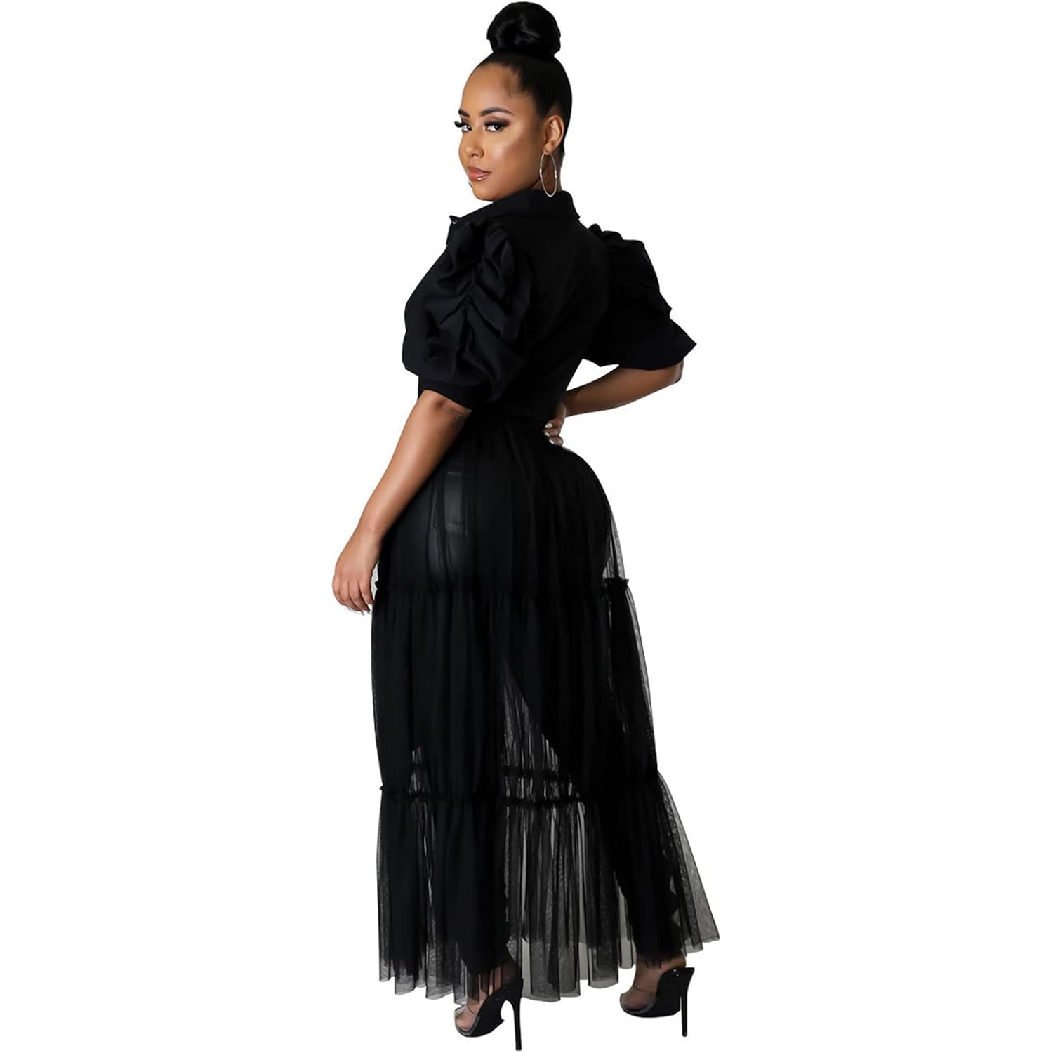 Ekaliy Women Sexy Short Sleeve Bodycon High Low Asymmetrical Ruffle Tunics Blouse Shirt Top Dress