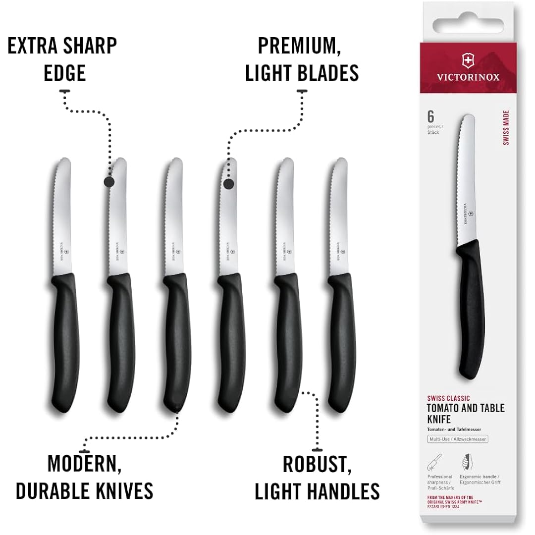 Victorinox Swiss Classic Tomato and Table Knife Set for Everyday Family Dining Serrated Blade in Black, Set of 6