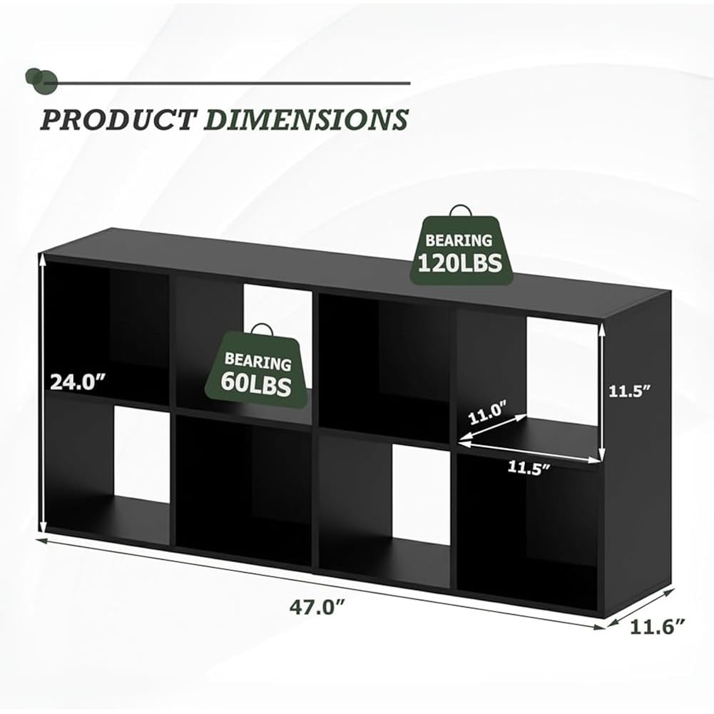 8 Cube Storage Organizer Shelf, Open Cube Bookshelf, Reversible Bookcase, Sturdy Modern Storage For Home Office, Bedroom, Living Room, Deep Black