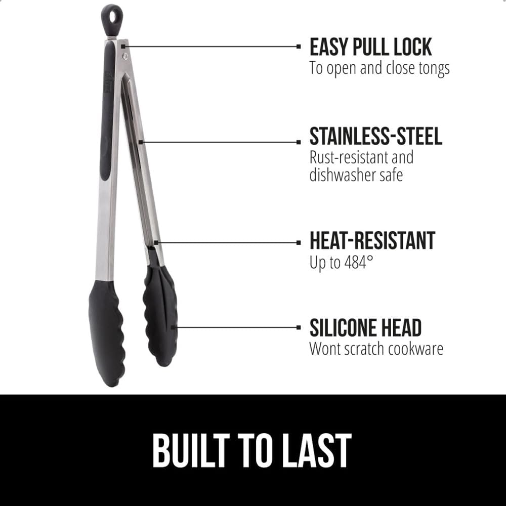 Gorilla Grip Stainless Steel Bpa-Free Kitchen Tongs For Cooking, Heat Resistant Bbq Tong Set Of 2, Non Scratch Silicone Tip For Pan, Strong Grip, Grab Food, Toss Salad, Pull Lock, 7+9 Inch, Black