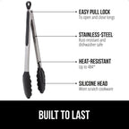 Gorilla Grip Stainless Steel Bpa-Free Kitchen Tongs For Cooking, Heat Resistant Bbq Tong Set Of 2, Non Scratch Silicone Tip For Pan, Strong Grip, Grab Food, Toss Salad, Pull Lock, 7+9 Inch, Black
