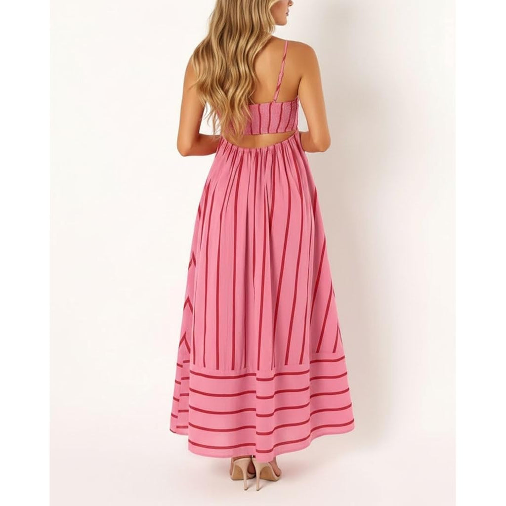 Chouyatou Women'S Striped Back Smocked Maxi Dress Sexy Spaghetti Strap Cut Out Flowy Swing Long Dress