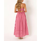Chouyatou Women'S Striped Back Smocked Maxi Dress Sexy Spaghetti Strap Cut Out Flowy Swing Long Dress