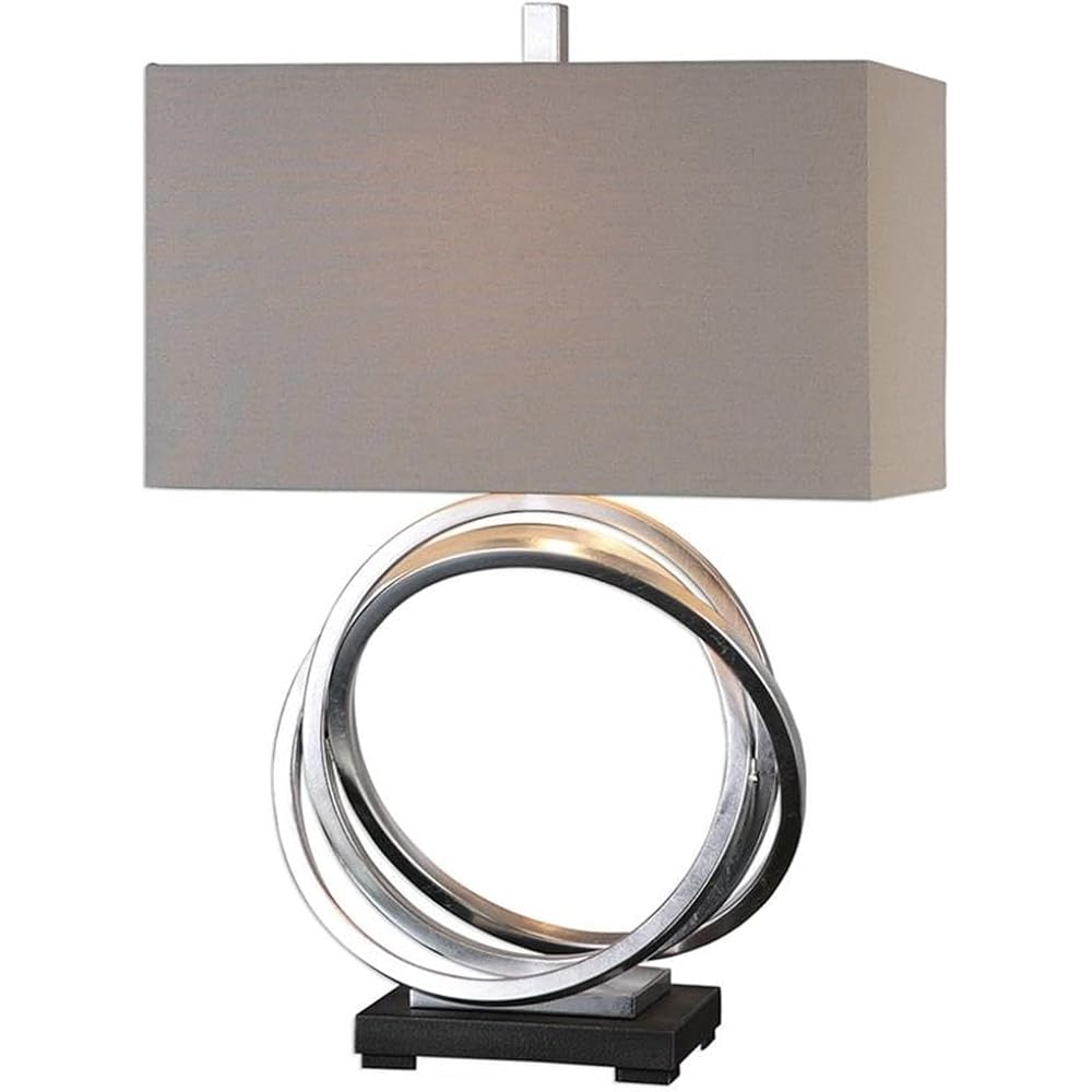 Bowery Hill Steel And Linen Rings Table Lamp, 27.5 In Height, Silver And Light Beige Finish, Rectangle Hardback Shade, 3-Way Socket, 1 Light, 150W, Modern Accent Lighting For Living Room Or Bedroom