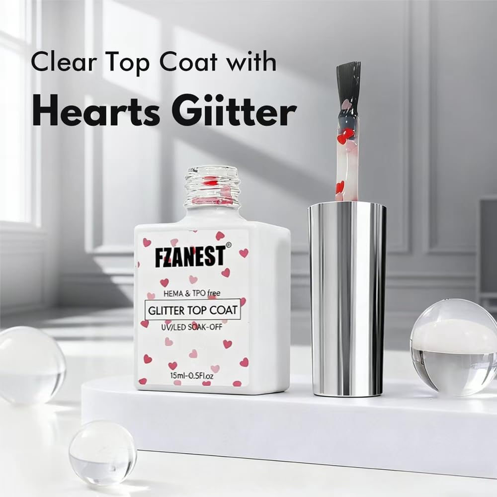 FZANEST Glitter Gel Top Coat, Hema-free Tpo-free Valentine's Day Limited Red & Pink Heart Clear Gel Polish No Wipe Uv Top Coat Nail Decoration Nail Art Sparkle Manicure DIY Home Salon