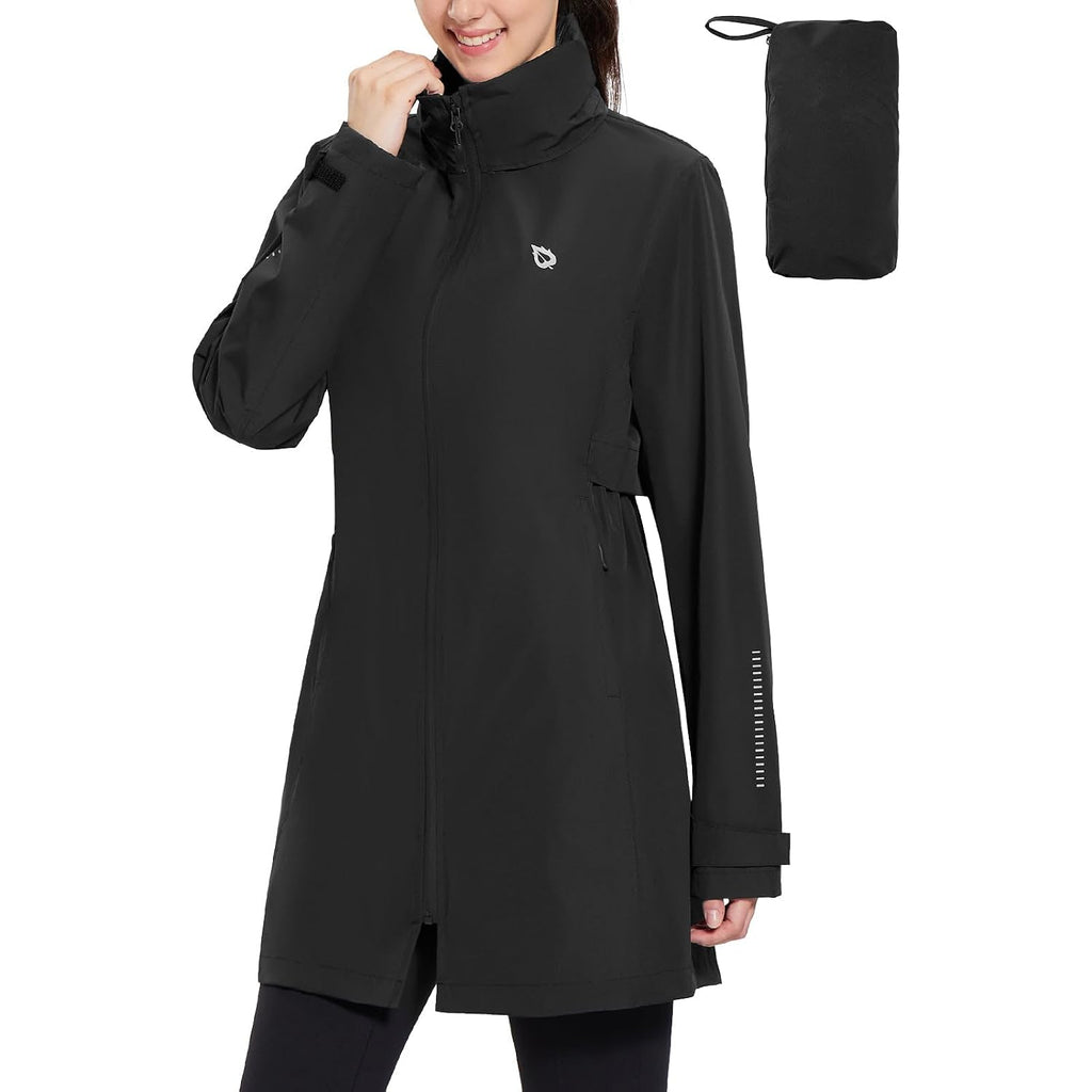 Baleaf Women'S Long Rain Coat Lightweight Packable Rain Jacket With Hood | Waterproof Windbreaker Rain Coat Adjustable Waist, Rain Jacket Women With 2 Deep Secure Zip Pockets