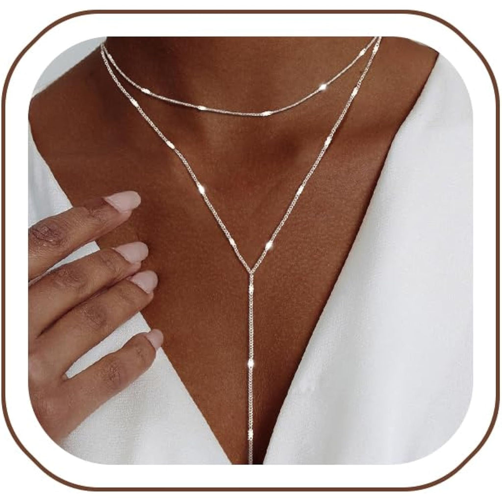 Luxval Lariat Silver Necklace for Women, Dainty Long Necklace Silver Y-Shaped Pendant Necklaces Trendy Beaded Chain Drop Necklaces Jewelry for Women Gifts