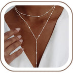 Luxval Lariat Silver Necklace for Women, Dainty Long Necklace Silver Y-Shaped Pendant Necklaces Trendy Beaded Chain Drop Necklaces Jewelry for Women Gifts