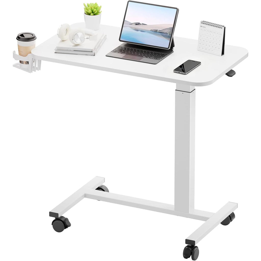 Gtplayer Small Standing Desk With Wheels, Pneumatic Mobile Rolling Laptop Desk, Adjustable Height Overbed Bedside Table Computer Workstation For Home Office (28" W X 16" D, White)