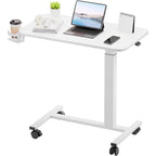 Gtplayer Small Standing Desk With Wheels, Pneumatic Mobile Rolling Laptop Desk, Adjustable Height Overbed Bedside Table Computer Workstation For Home Office (28" W X 16" D, White)
