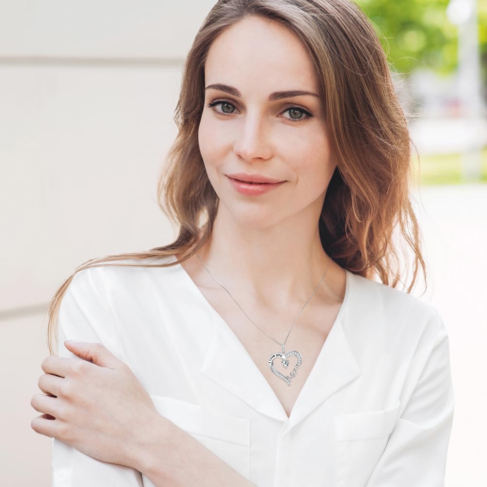Mothers Day Jewelry Birthday Gifts for Mom I Love You Mom Necklace Wife May Birthstones Emerald Ruby Pearl and More Stones Jewelry for Women 925 Sterling Silver Heart Pendant Necklace