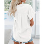 Womens Short Sleeve Striped Shirts Casual Button Down V Neck Work Blouses Tops