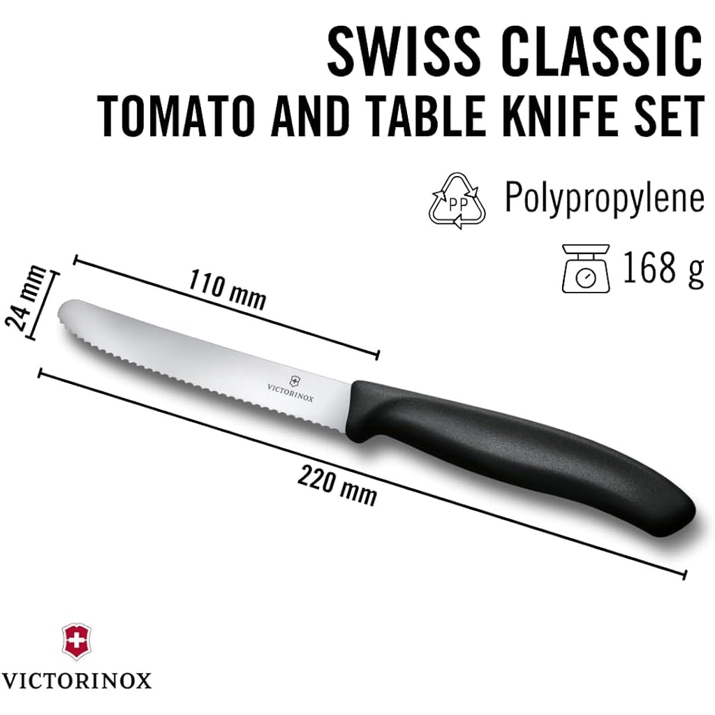 Victorinox Swiss Classic Tomato and Table Knife Set for Everyday Family Dining Serrated Blade in Black, Set of 6