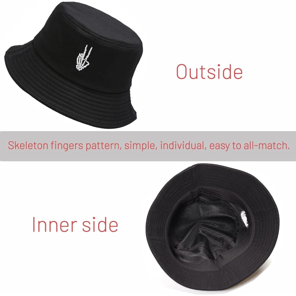 Cotton Bucket Hat for Women Men Summer Travel Sun Beach Bucket Cap, Unisex Outdoor Fisherman Hat Skeleton Fingers Black