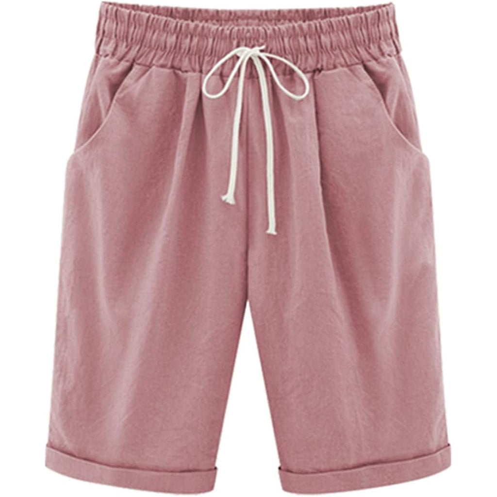 Women's Elastic Waist Knee Length Casual Cotton Bermuda Shorts with Drawstring