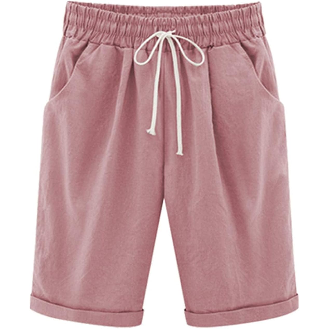 Women's Elastic Waist Knee Length Casual Cotton Bermuda Shorts with Drawstring