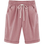 Women's Elastic Waist Knee Length Casual Cotton Bermuda Shorts with Drawstring