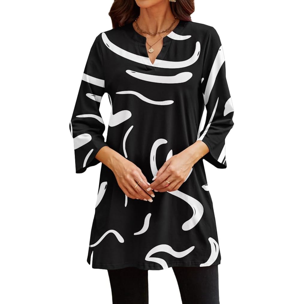 Womens Tunic Tops 3/4 Bell Sleeve Loose Fit Tunics Dressy Casual Side Split Flare Top for Leggings S-3XL